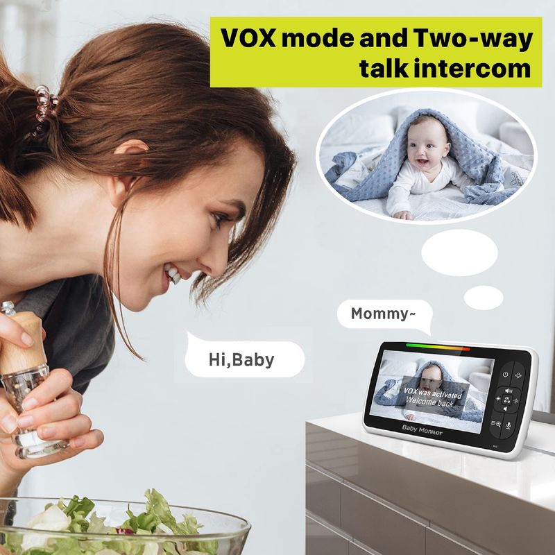 SM650 5-inch no-WiFi baby monitor with camera, night vision, two-way audio, temperature, and feeding alerts.