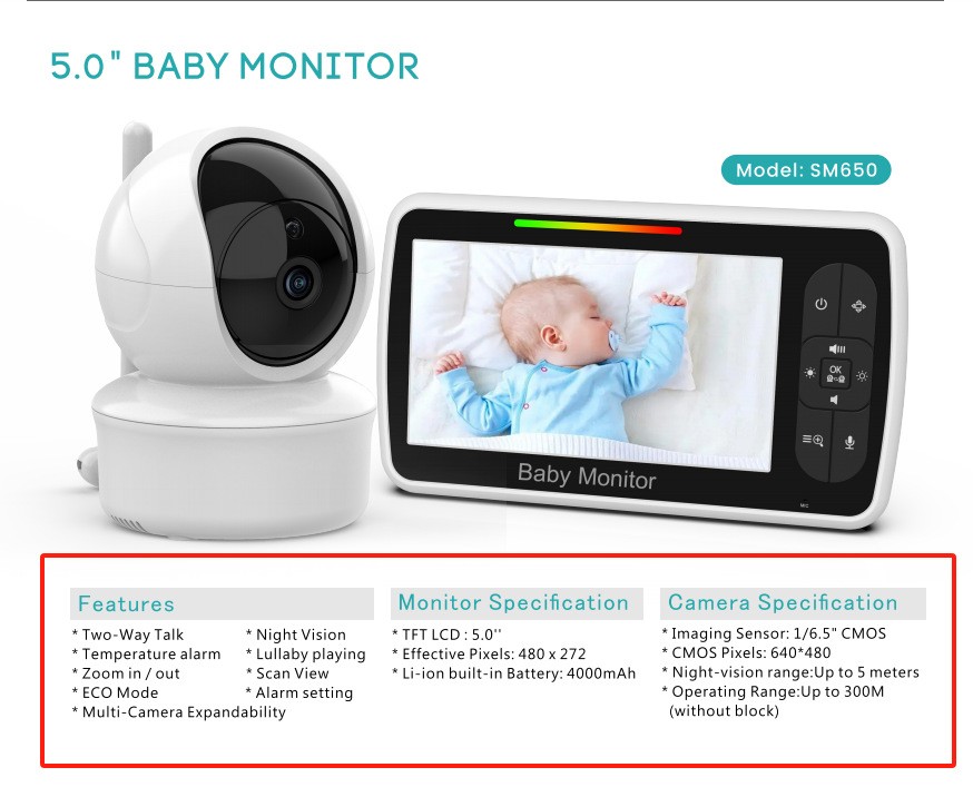 Everything Baby SM650 5-inch no-WiFi baby monitor with camera, night vision, two-way audio, and temperature alerts in nursery.