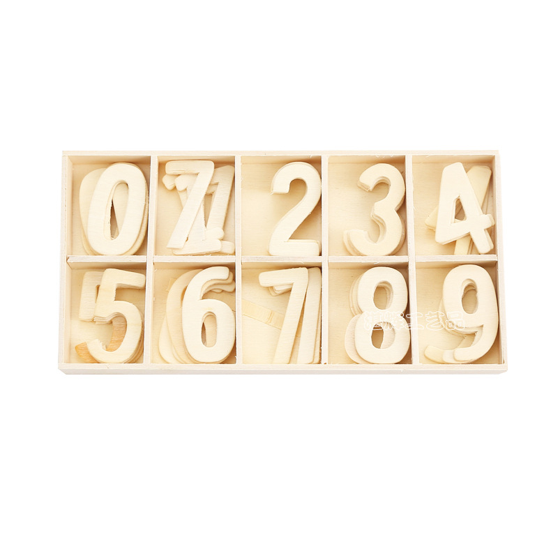 50-piece wooden number set with 0-9, five of each, in a compartment storage tray for kids' educational activity toy by Everything Baby.