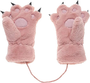 Gloves - 1 pair - Winter gloves - Cartoon gloves - Neckband - Children's gloves - Warm gloves - Plush gloves - One size（Pink）