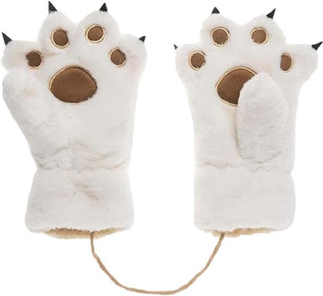 Gloves - 1 pair - Winter gloves - Cartoon gloves - Neckband - Children's gloves - Warm gloves - Plush gloves - One size（White）