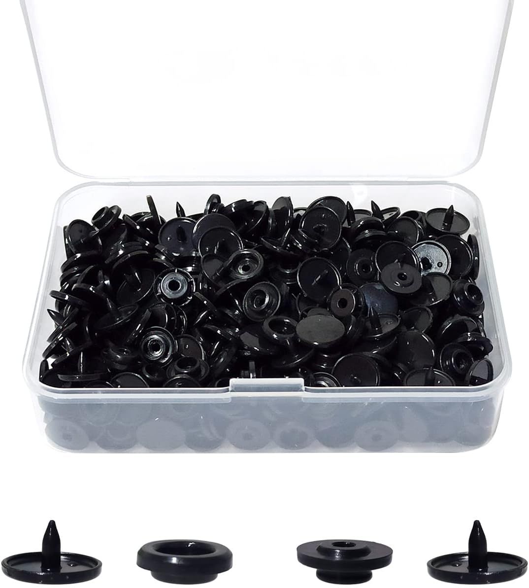Set of 100 black T5 round resin plastic snap fasteners for baby clothes, nappies, sewing, and DIY crafts by Everything Baby.
