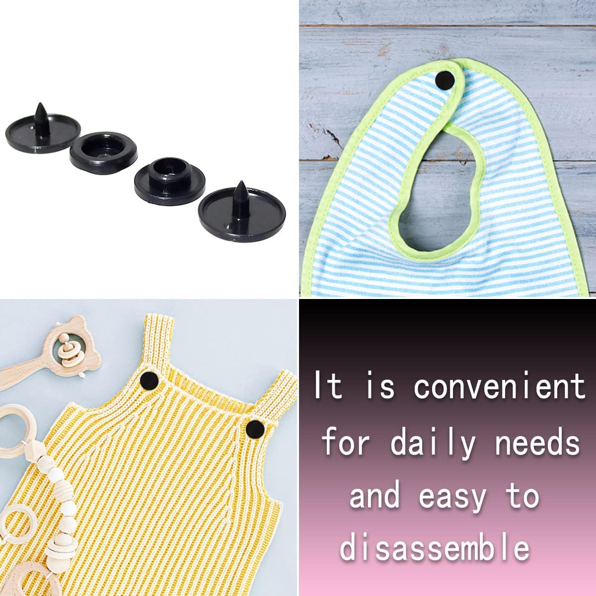 Set of 100 black T5 round resin plastic snap fasteners for baby clothes, nappies, sewing, and DIY crafts by Everything Baby.