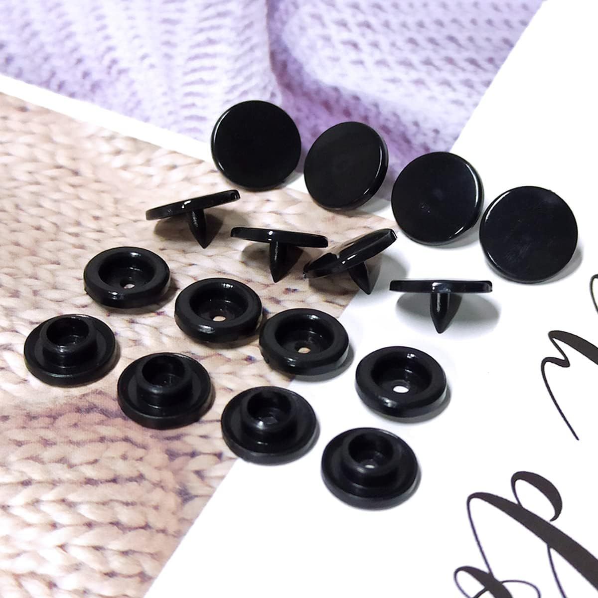 100 sets of black T5 round resin plastic snap fasteners for baby clothes, nappies, sewing, and DIY crafts by Everything Baby.