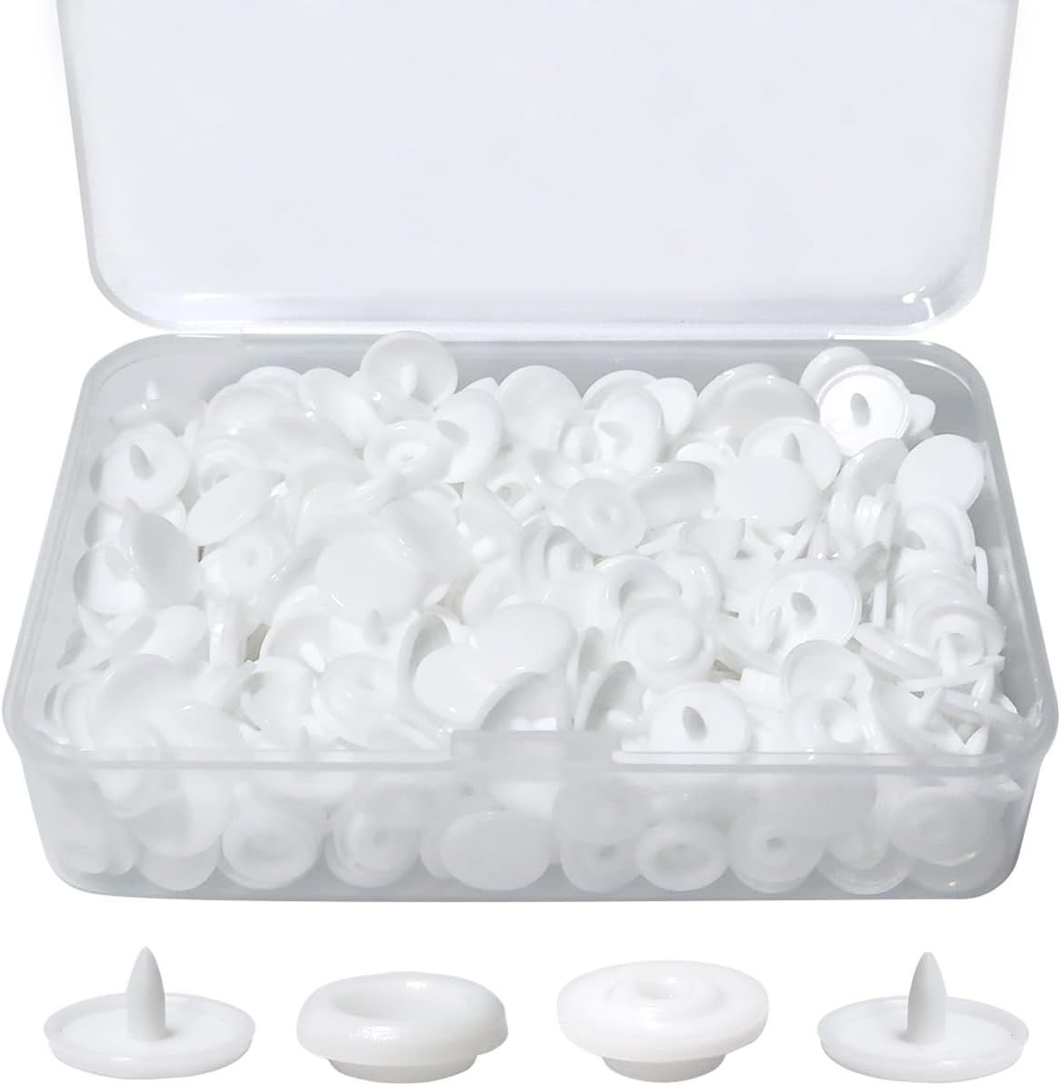 100 sets of white T5 round resin plastic snap fasteners for baby clothes, nappies, sewing, and DIY crafts by Everything Baby.