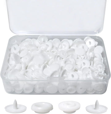 100 sets of white T5 round resin plastic snap fasteners for baby clothes, nappies, sewing, and DIY crafts by Everything Baby.