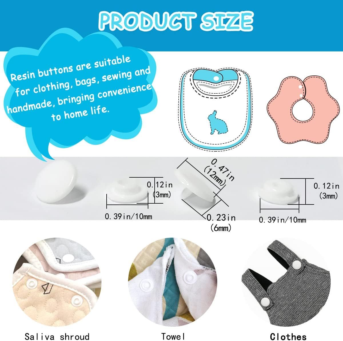 100 sets of white T5 round resin plastic snap fasteners for baby clothes, nappies, sewing, and DIY crafts by Everything Baby