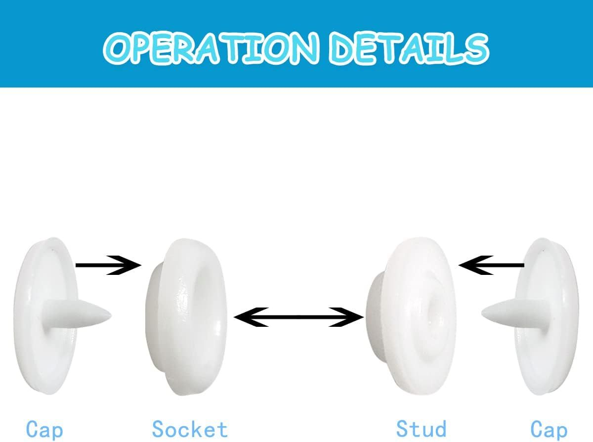 100 sets of white T5 round resin plastic snap fasteners for baby clothes, nappies, sewing, and DIY crafts by Everything Baby.