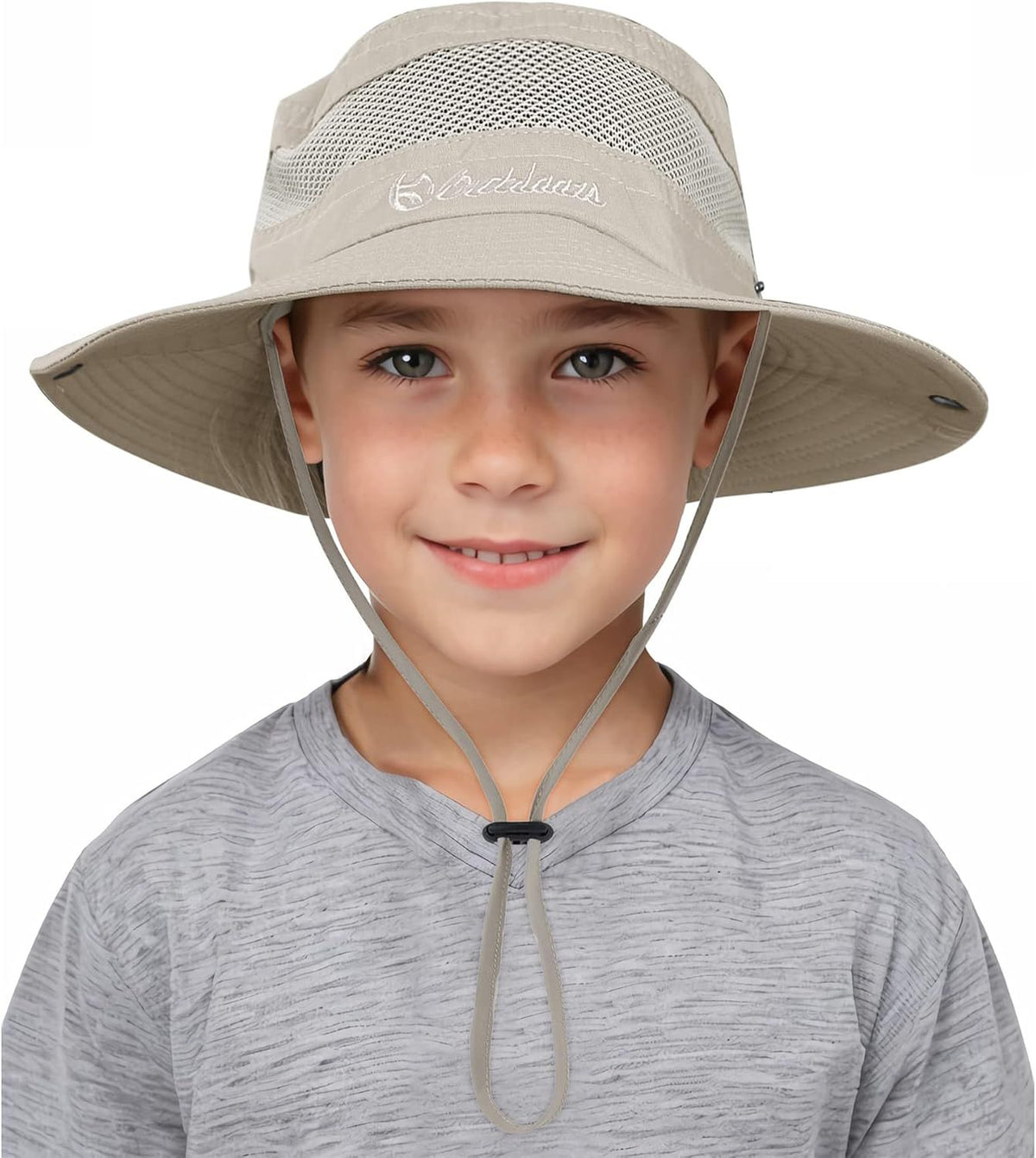 Kids UPF 50+ sun bucket hat by Everything Baby, beige, quick-dry, water-resistant hat for outdoor activities for ages 5-13.