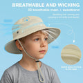 Kids UPF 50+ water-resistant bucket hat by Everything Baby, beige sun hat for outdoor play, beach, fishing, and hiking for ages 5-13.