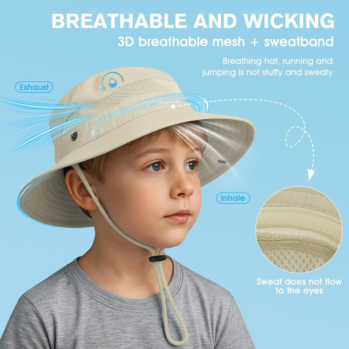 Kids UPF 50+ water-resistant bucket hat by Everything Baby, beige sun hat for outdoor play, beach, fishing, and hiking for ages 5-13.