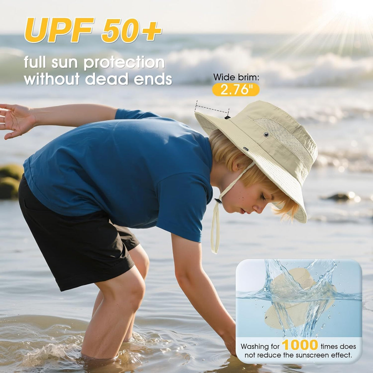 Kids UPF 50+ sun bucket hat by Everything Baby, beige quick-dry water-resistant hat for outdoor activities for ages 5 to 13.