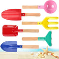 Six-pack metal beach sand toys set with wooden handles including shovel, rake, trowel, and scoop for kids' outdoor play.