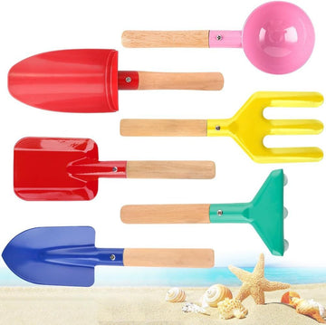 Six-pack metal beach sand toys set with wooden handles including shovel, rake, trowel, and scoop for kids' outdoor play.