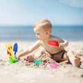Six-pack metal beach sand toys for kids including shovel, rake, trowel, and scoop with wooden handles in multicolor for outdoor play.
