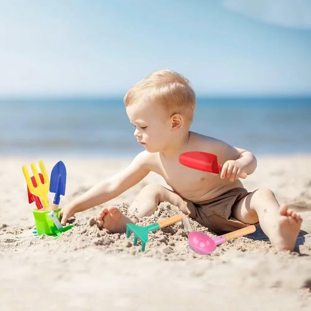 Six-pack metal beach sand toys for kids including shovel, rake, trowel, and scoop with wooden handles in multicolor for outdoor play.
