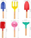 Six-pack metal beach sand toys for kids including shovel, rake, trowel, and scoop in multicolors with wooden handles, 20 cm long.