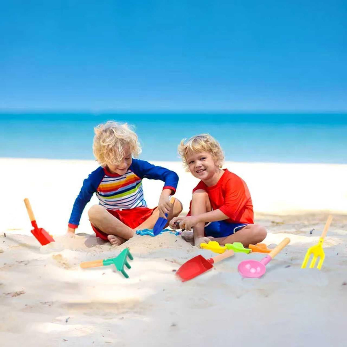 Six-pack metal beach sand toys for kids including shovel, rake, trowel, and scoop set with wooden handles in multicolor, 20 cm long.
