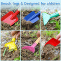 Six colorful metal beach sand toys for kids including shovels, rakes, trowels, and scoops with wooden handles for outdoor play.