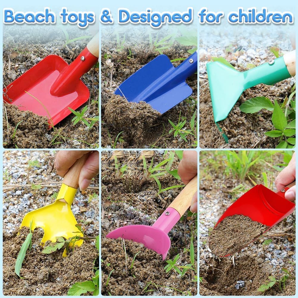Six colorful metal beach sand toys for kids including shovels, rakes, trowels, and scoops with wooden handles for outdoor play.
