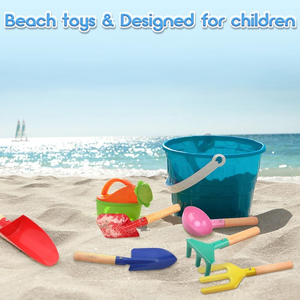 Six-pack metal beach sand toys for kids including shovel, rake, trowel, and scoop in multicolor with wooden handles for outdoor play.