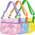 Three colorful mesh seashell collecting bags with adjustable straps, lightweight beach storage for kids to carry sand toys and shells.