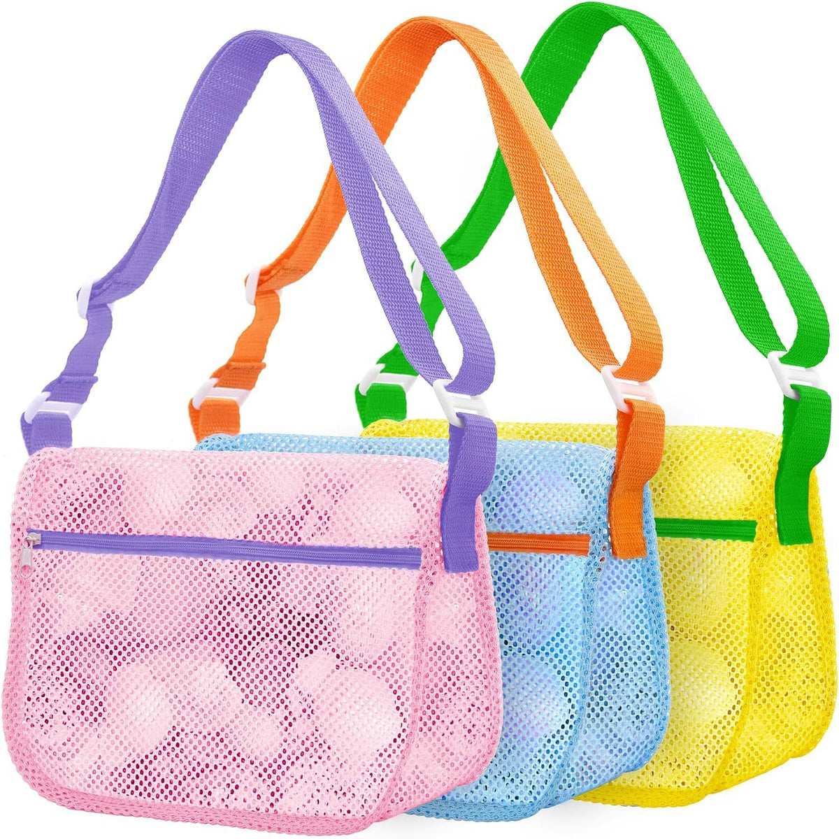 Three colorful mesh seashell collecting bags with adjustable straps, lightweight beach storage for kids to carry sand toys and shells.