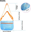 Three colorful mesh seashell collecting bags with adjustable straps, lightweight beach storage for kids' sand toys and shell hunting.