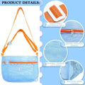 Three colorful mesh seashell collecting bags with adjustable straps for kids, ideal for beach sand toys and shell hunting.