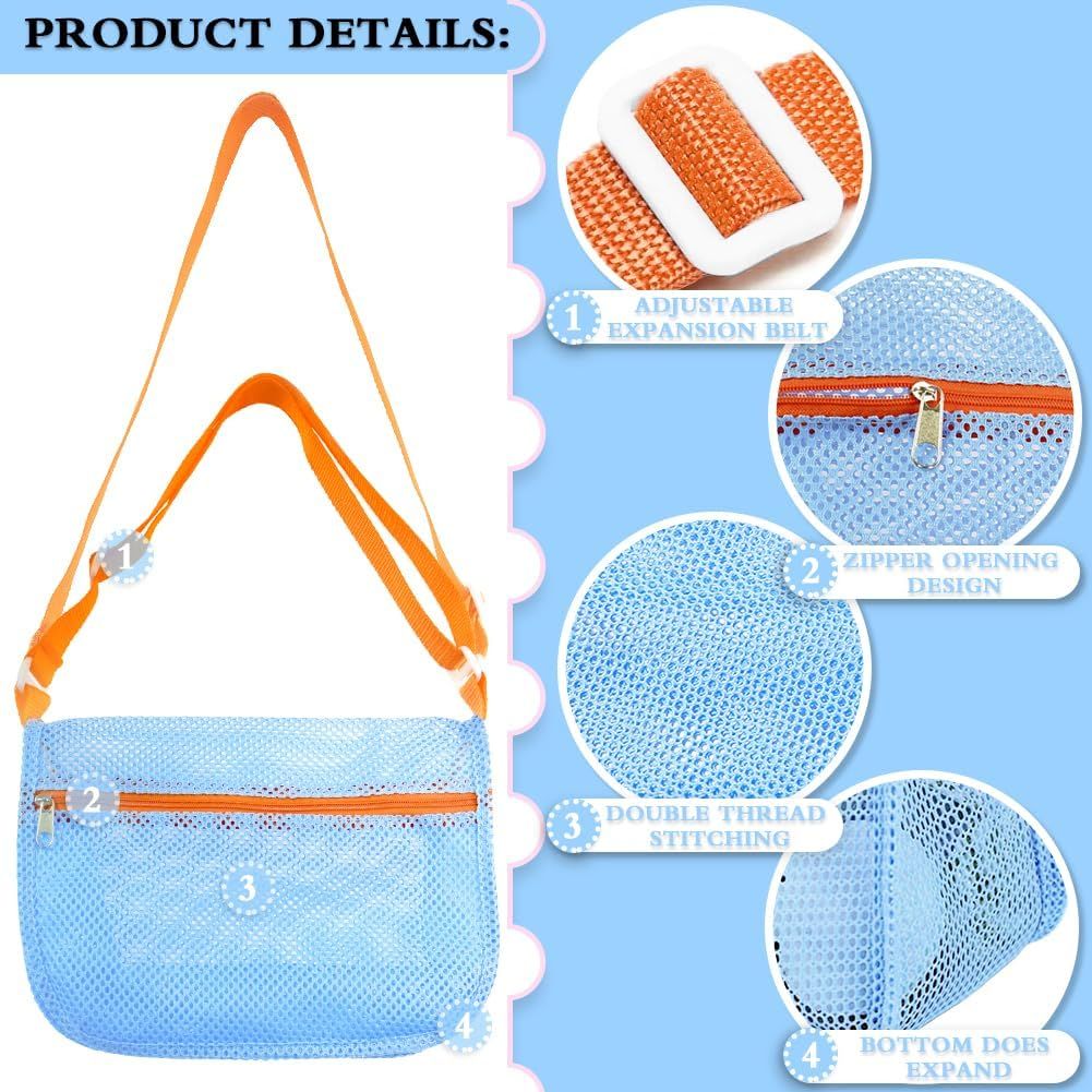 Three colorful mesh seashell collecting bags with adjustable straps for kids, ideal for beach sand toys and shell hunting.