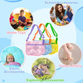 Three colorful mesh seashell collecting bags for kids with adjustable straps, ideal for beach sand toys and shell hunting.
