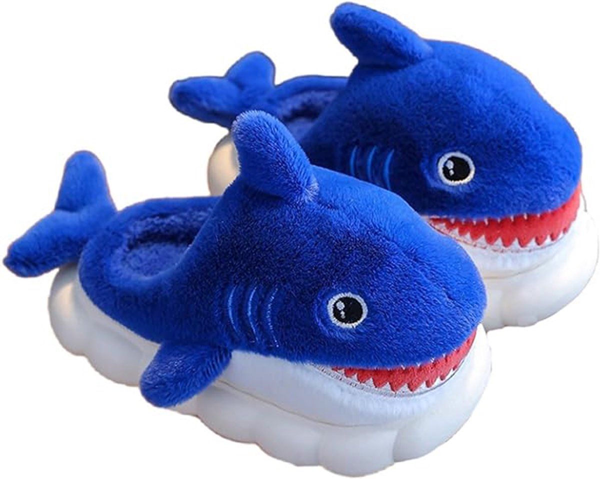 Cute blue children's winter slippers with shark plush design, warm lining, and non-slip sole for boys, size 24.