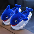 Children's blue shark plush indoor slippers with warm lining and non-slip soles, size 30, by Everything Baby.
