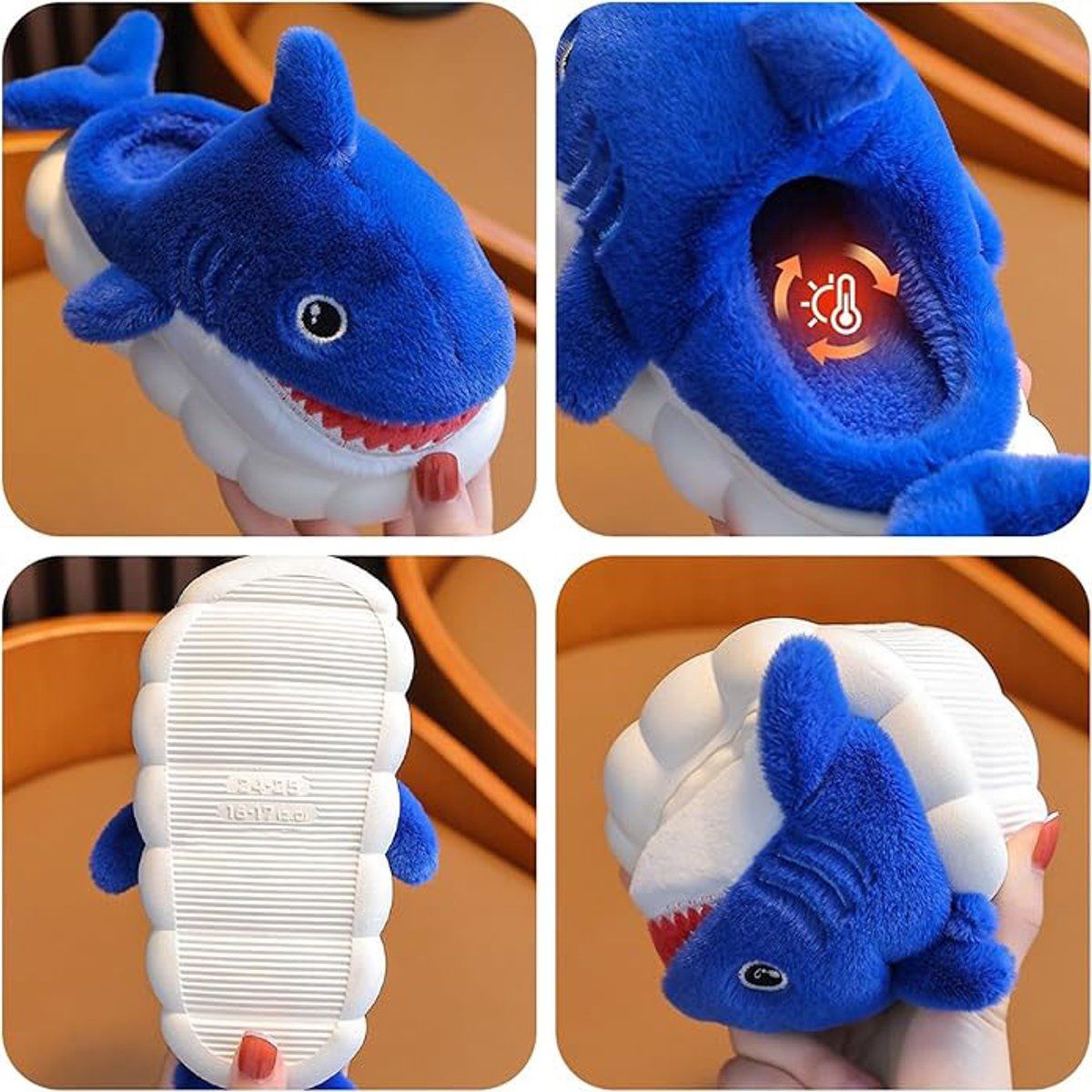 Cute blue children's winter slippers shaped like sharks with plush lining and non-slip soles, size 32, for boys.