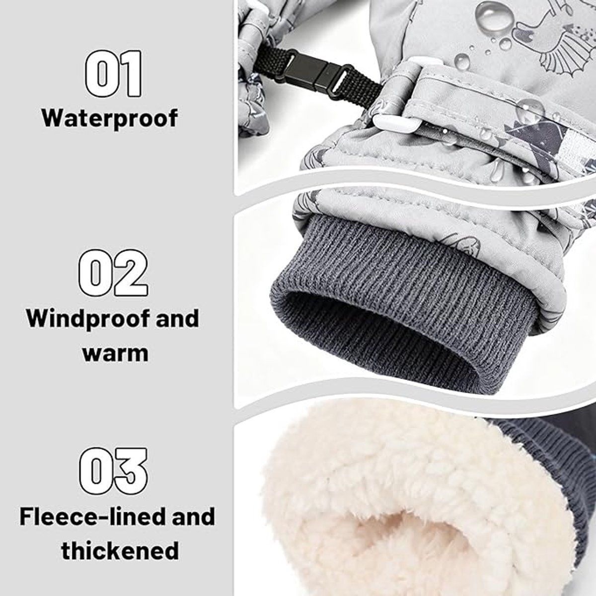 Gray waterproof winter gloves for children and toddlers, designed for cold weather, travel, and daily winter wear.