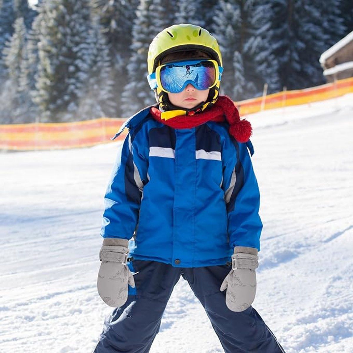 Grey waterproof winter gloves for children and toddlers, designed for cold weather, travel, and daily winter wear.