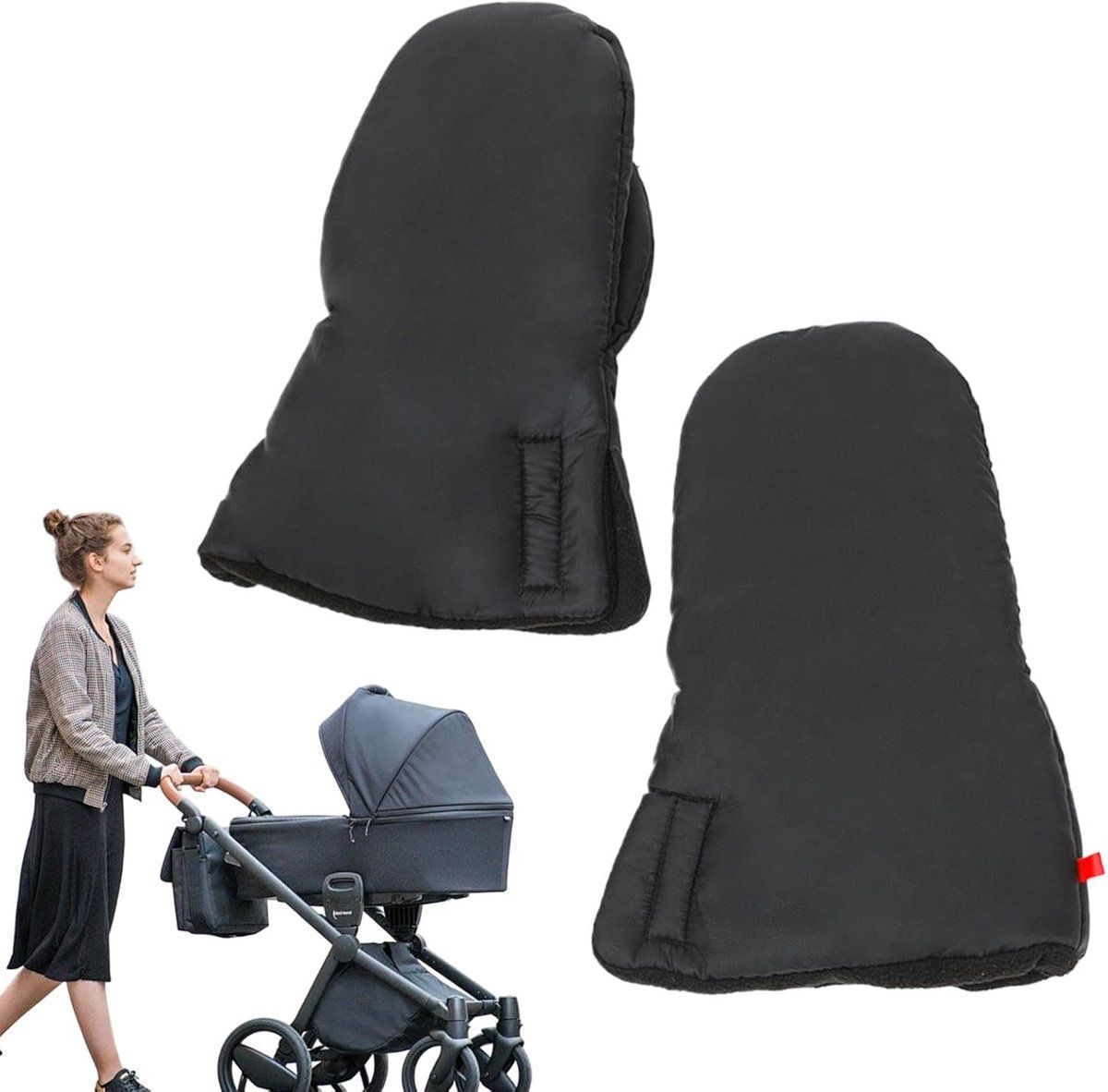 Black foldable stroller hand warmer gloves from Everything Baby, adjustable anti-freeze stroller accessories for cold weather.