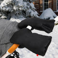 Black foldable stroller hand warmer and gloves from Everything Baby, adjustable anti-freeze stroller accessories for cold weather.