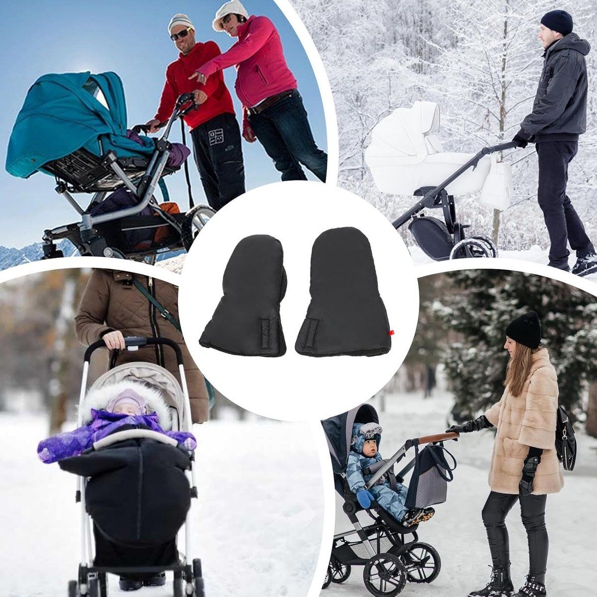 Black foldable stroller hand warmer gloves by Everything Baby, adjustable anti-freeze stroller accessories for cold weather.