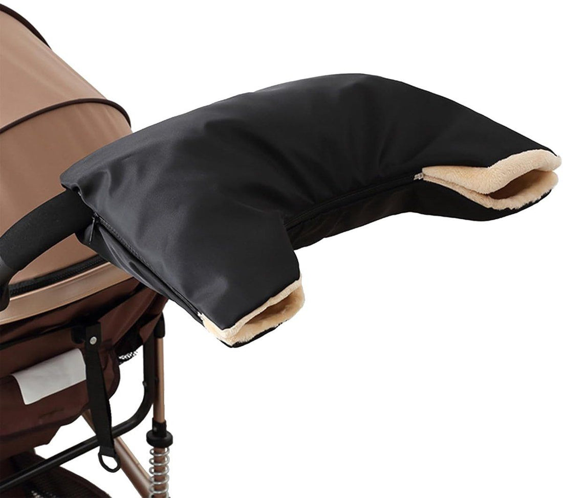 Black waterproof stroller mittens with fleece lining, warm baby & kids stroller handle mittens from Everything Baby.