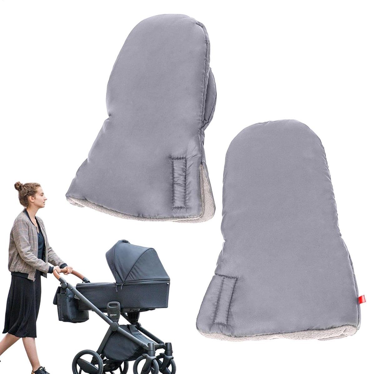 Grey foldable stroller hand warmer and gloves from Everything Baby, adjustable anti-freeze stroller accessories for cold weather.