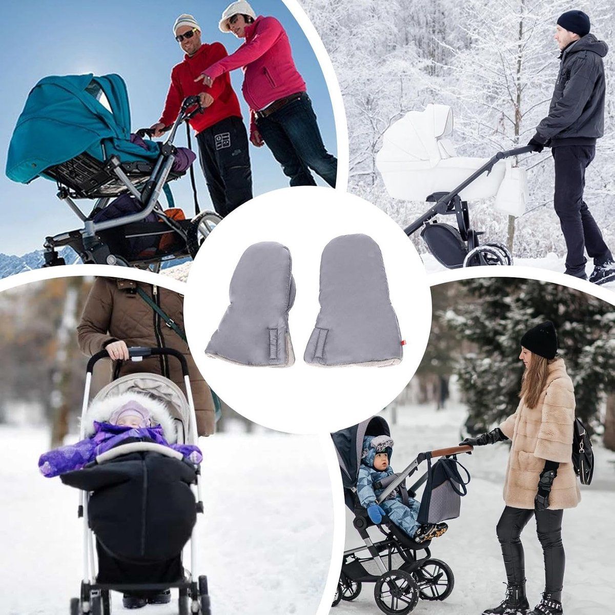 Grey foldable stroller hand warmer and gloves from Everything Baby, adjustable anti-freeze stroller accessories for cold weather.