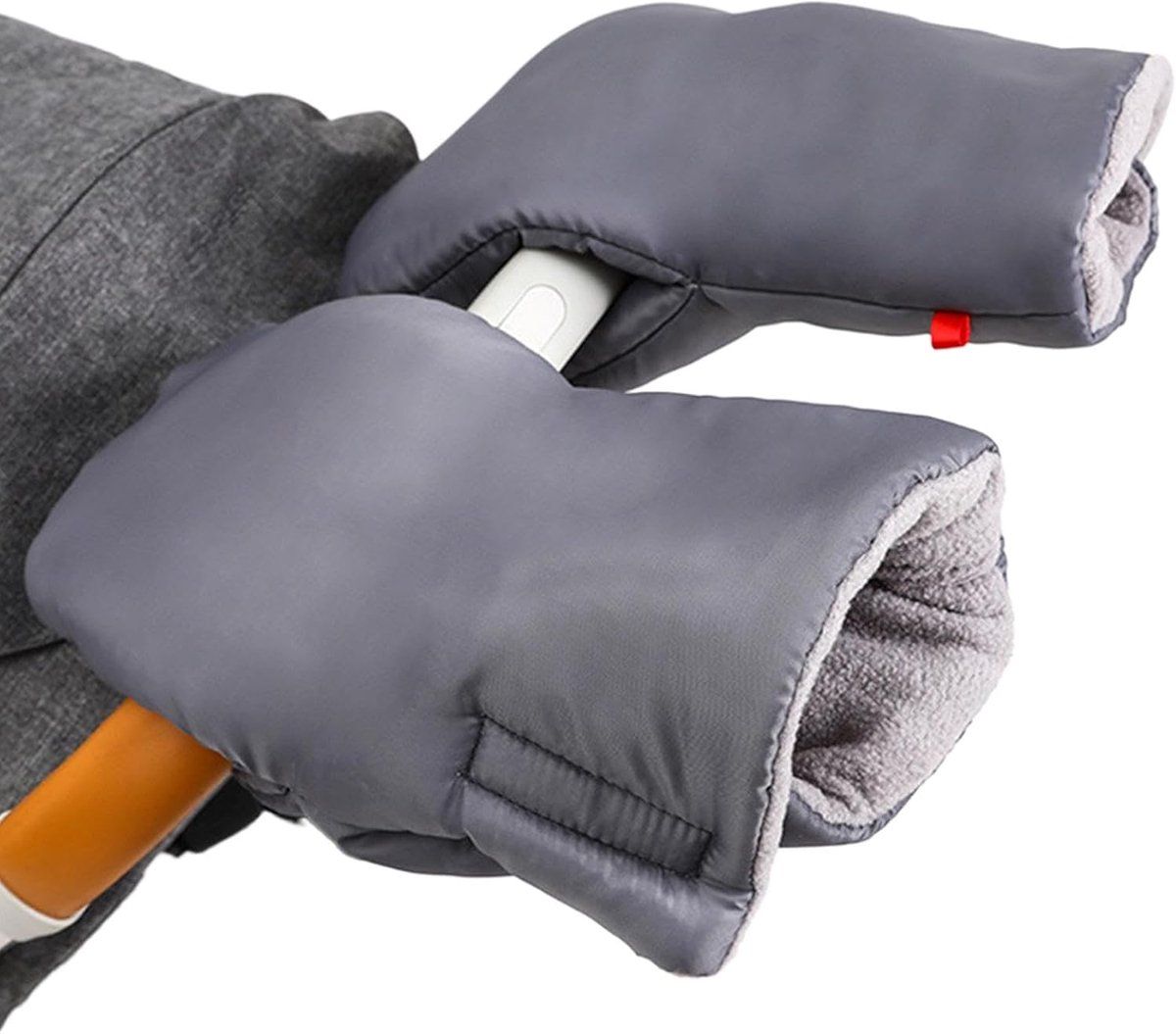 Grey foldable stroller hand warmer and gloves from Everything Baby, adjustable, anti-freeze stroller accessories for cold weather.