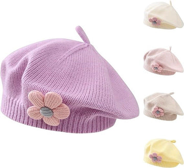 Cute purple girls' winter beret hat for toddlers, knitted floral design, warm and cozy for cold weather and daily winter wear.