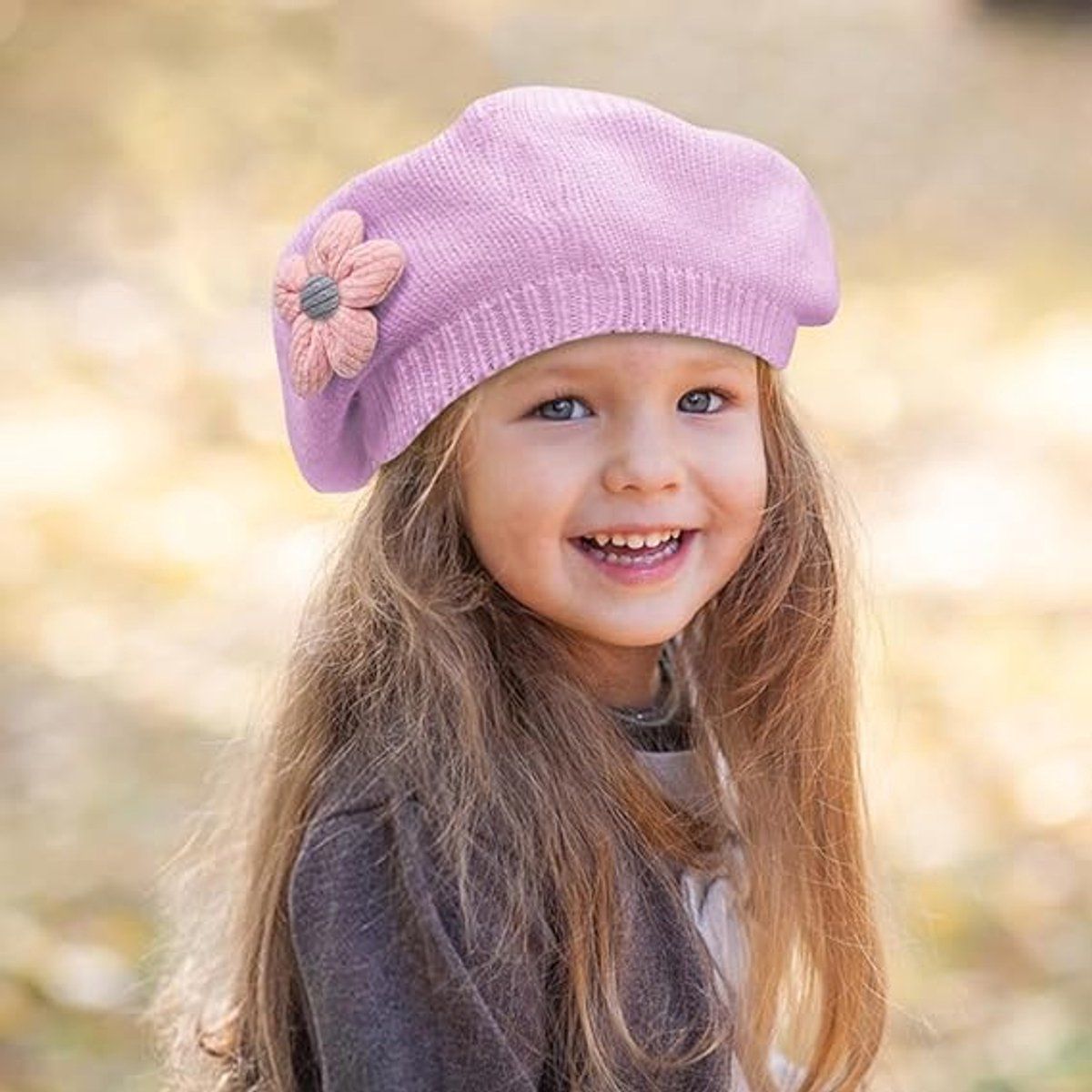 Girls' purple knitted winter beret for toddlers, cute floral design, warm baby and kids winter hat by Everything Baby