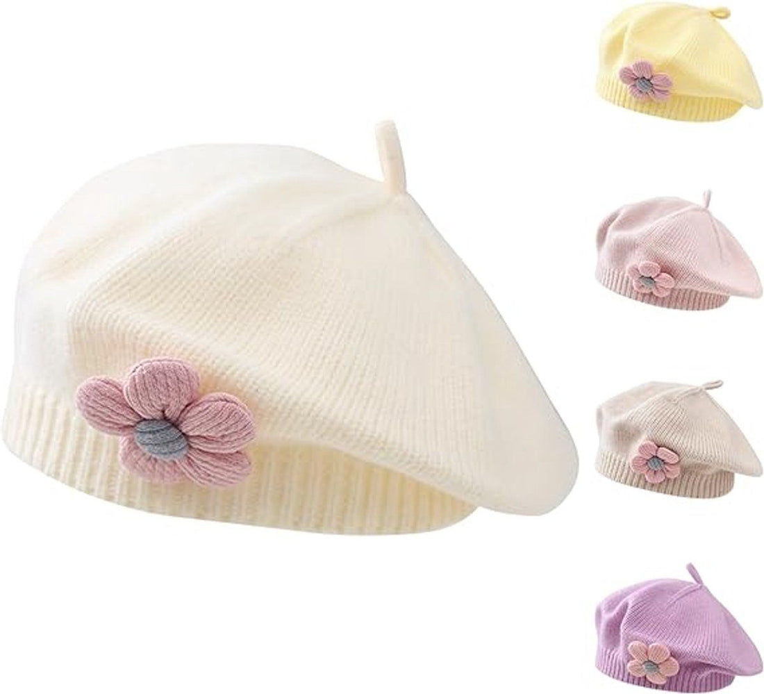 White girls' knitted winter beret hat by Everything Baby, toddler floral design, perfect for cold weather and daily winter wear.