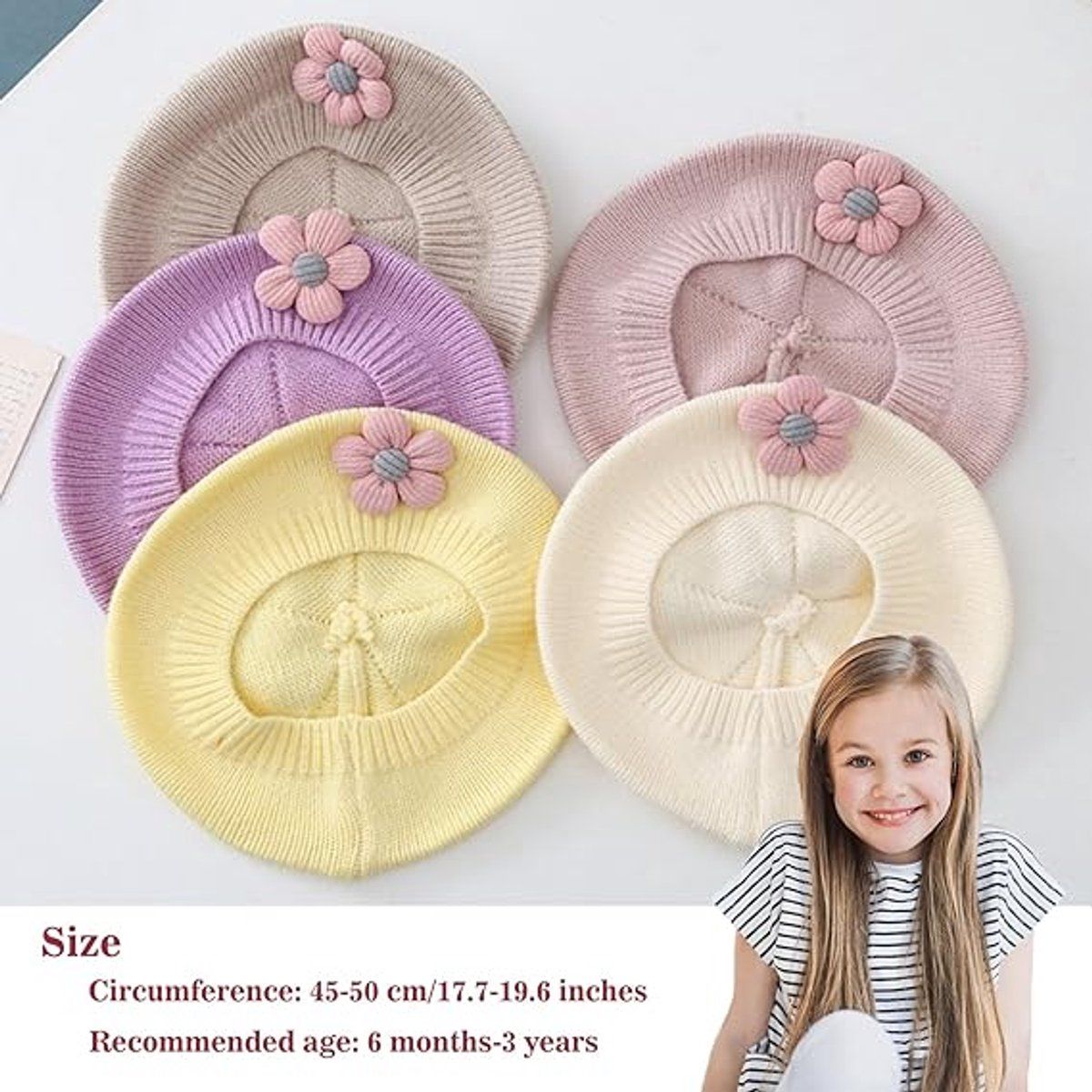 Cute beige girls' winter beret by Everything Baby, toddler French knitted hat with floral design for cold weather and daily winter wear.