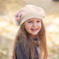 Girls' warm beige knitted beret hat for toddlers, featuring floral design, perfect for winter cold weather and daily wear.