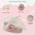 Baby girls' beige knitted winter beret hat with floral design, warm toddler French style hat for cold weather and daily wear.