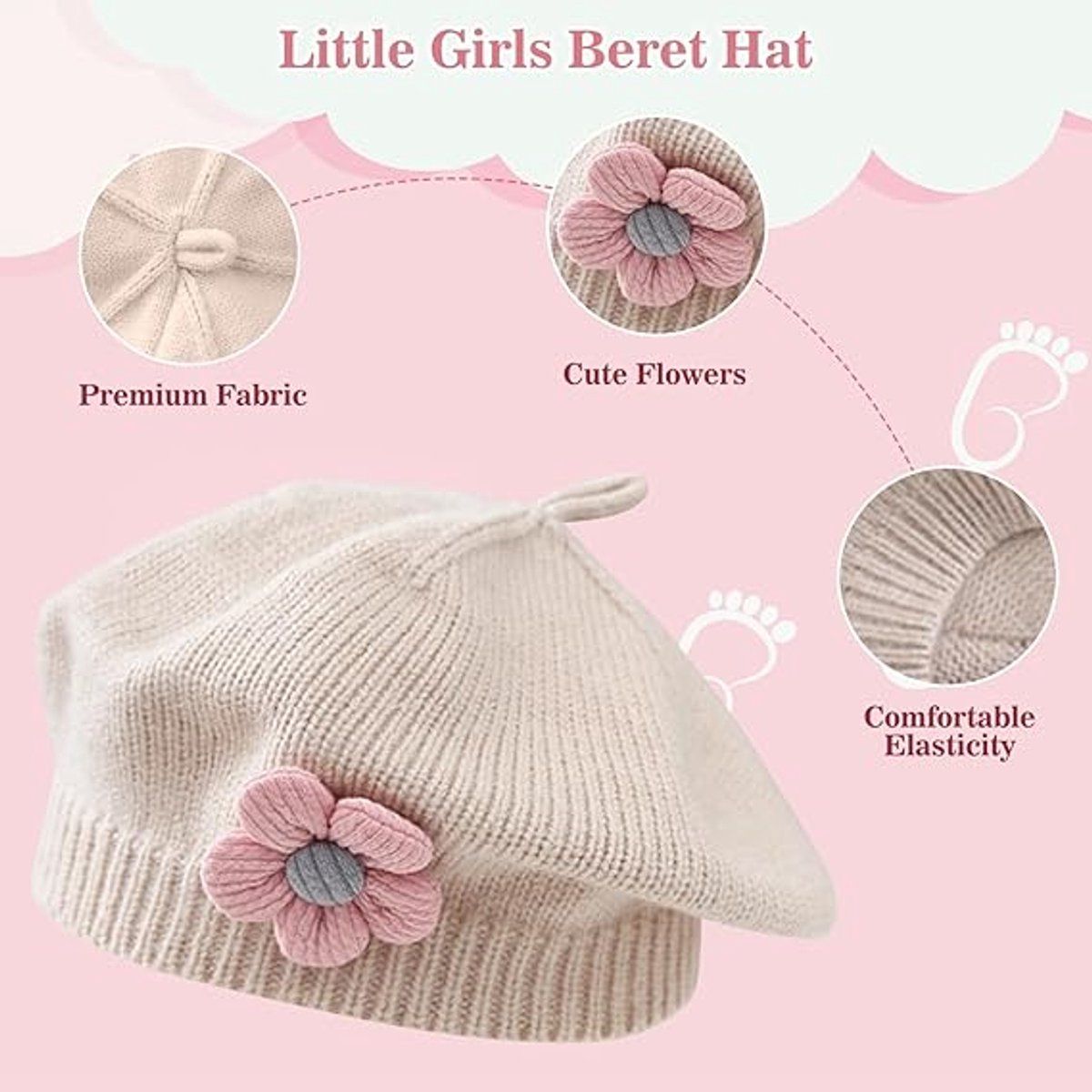 Baby girls' beige knitted winter beret hat with floral design, warm toddler French style hat for cold weather and daily wear.